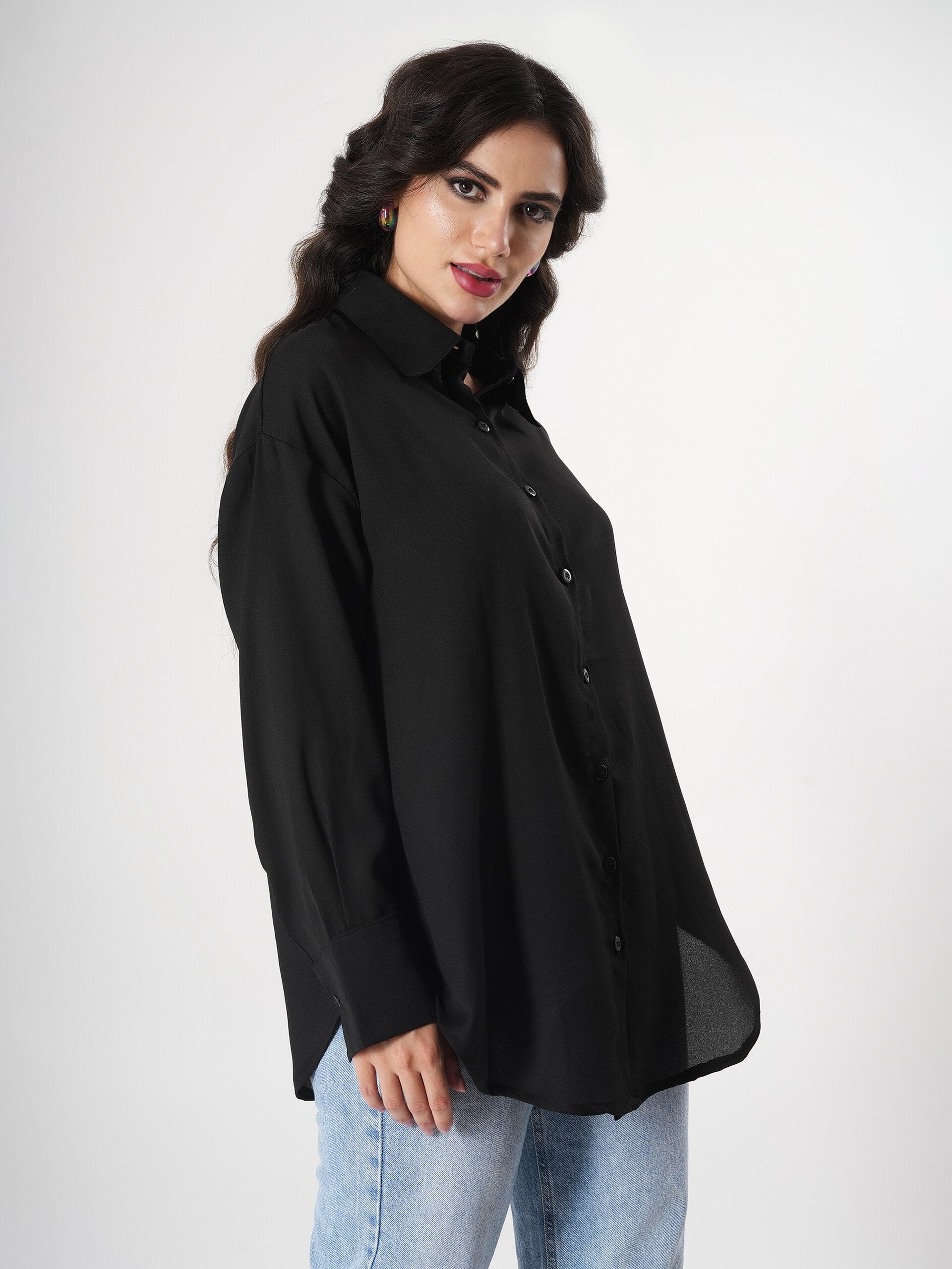 Casual Black Plain Shirt With Full Sleeve