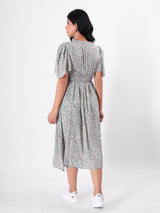 Floral Print A - Line Midi Dress With Butterfly Sleeve