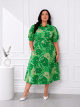 Emerald Bloom Plus Size Floral Printed Shirt Midi Dress