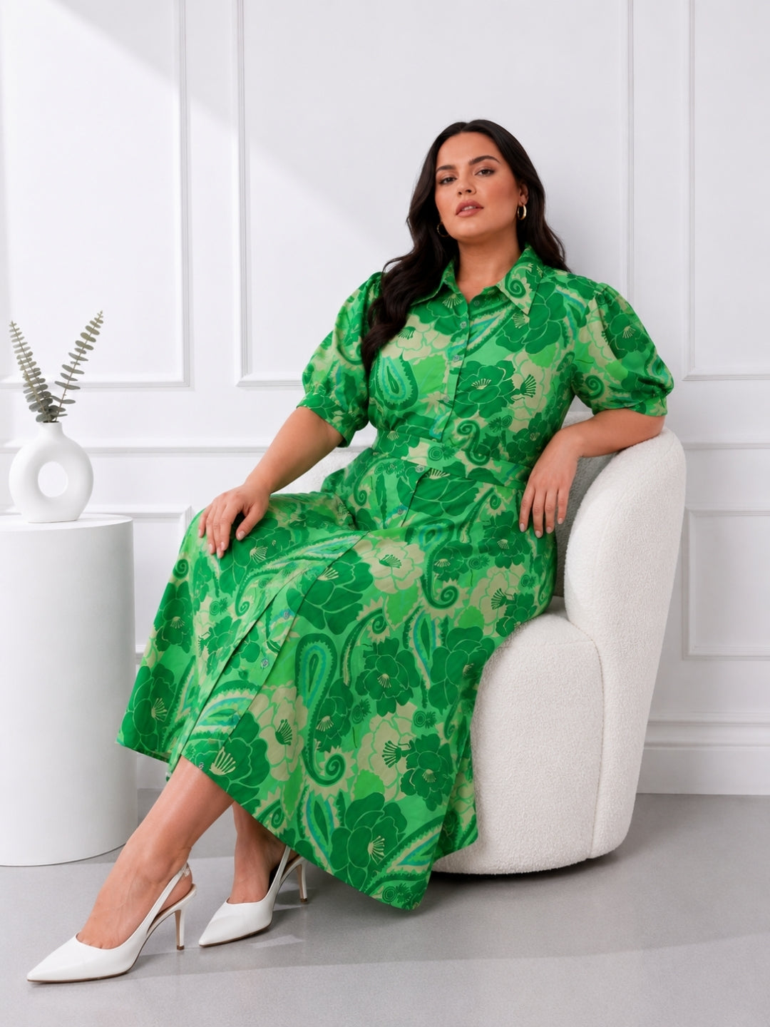 Emerald Bloom Plus Size Floral Printed Shirt Midi Dress
