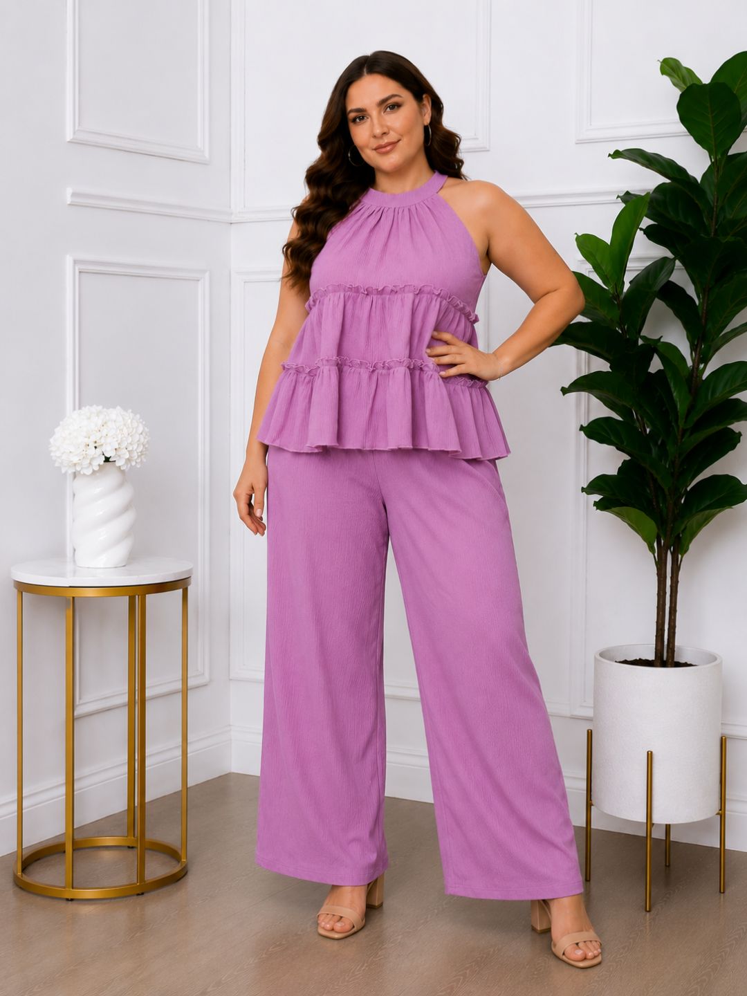 Women's Plus Size Purple Halter Neck Co-Ord Set