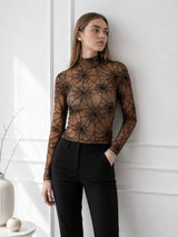 Clobug Women Black Net Full Sleeve High Neck Fitted Top