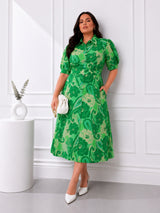 Emerald Bloom Plus Size Floral Printed Shirt Midi Dress