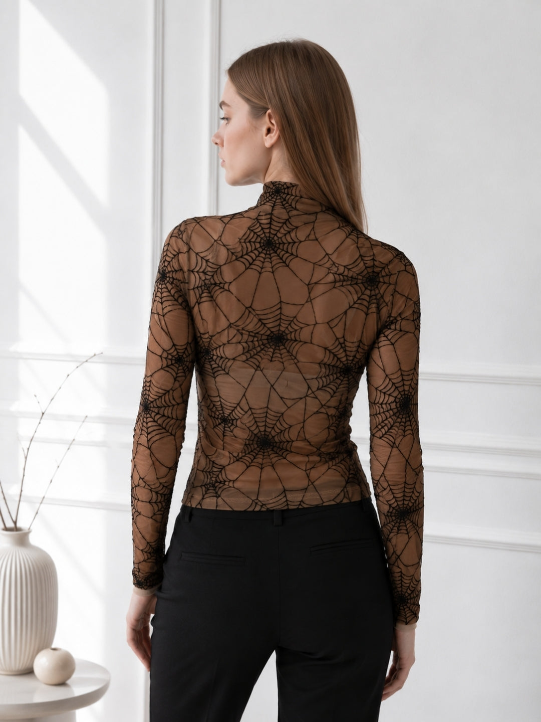 Clobug Women Black Net Full Sleeve High Neck Fitted Top