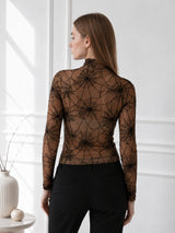 Clobug Women Black Net Full Sleeve High Neck Fitted Top