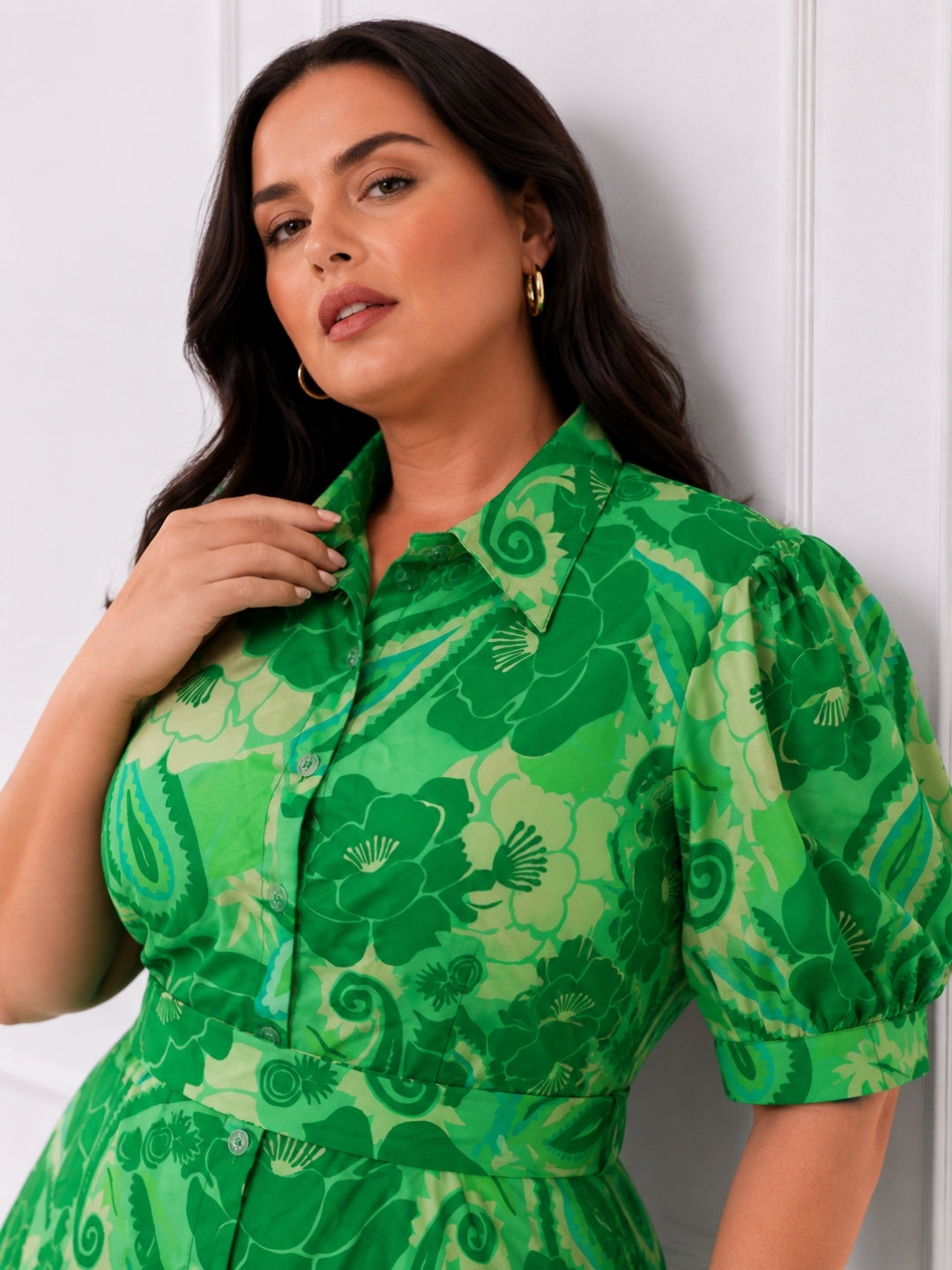 Emerald Bloom Plus Size Floral Printed Shirt Midi Dress