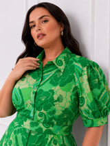 Emerald Bloom Plus Size Floral Printed Shirt Midi Dress