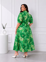 Emerald Bloom Plus Size Floral Printed Shirt Midi Dress