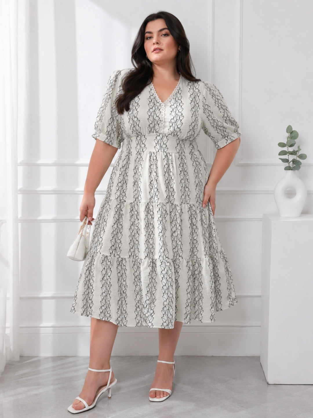 Women's Plus Size Floral Stripe Print Tiered Midi Dress