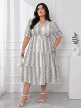 Women's Plus Size Floral Stripe Print Tiered Midi Dress