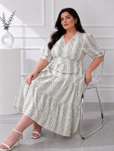 Women's Plus Size Floral Stripe Print Tiered Midi Dress