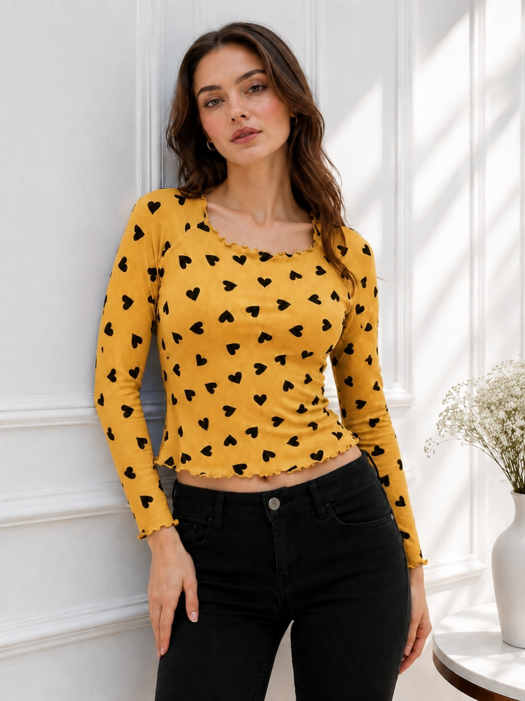 Women Heart Print Full Sleeve Top