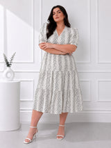 Women's Plus Size Floral Stripe Print Tiered Midi Dress