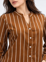 Clobug Women Stripe Full Sleeve Brown Shirt