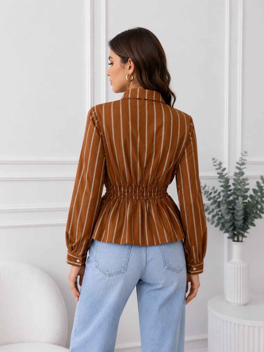 Women's Brown & White Vertical Stripes Casual Shirt