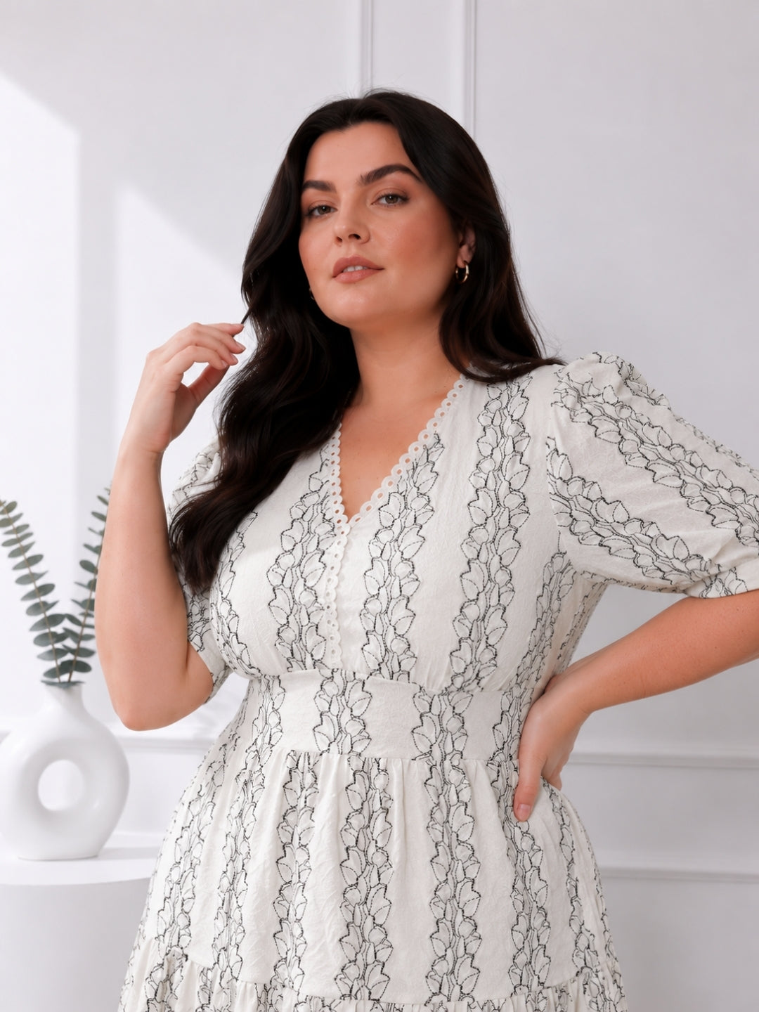 Women's Plus Size Floral Stripe Print Tiered Midi Dress