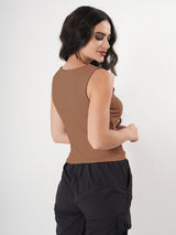 Solid V Neck Sleeveless Pleated Semi Crop Top