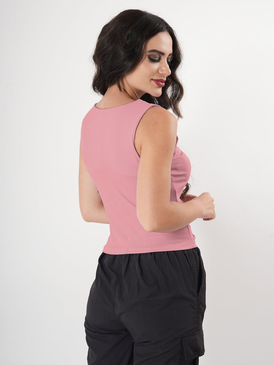 Solid V Neck Sleeveless Pleated Semi Crop Top