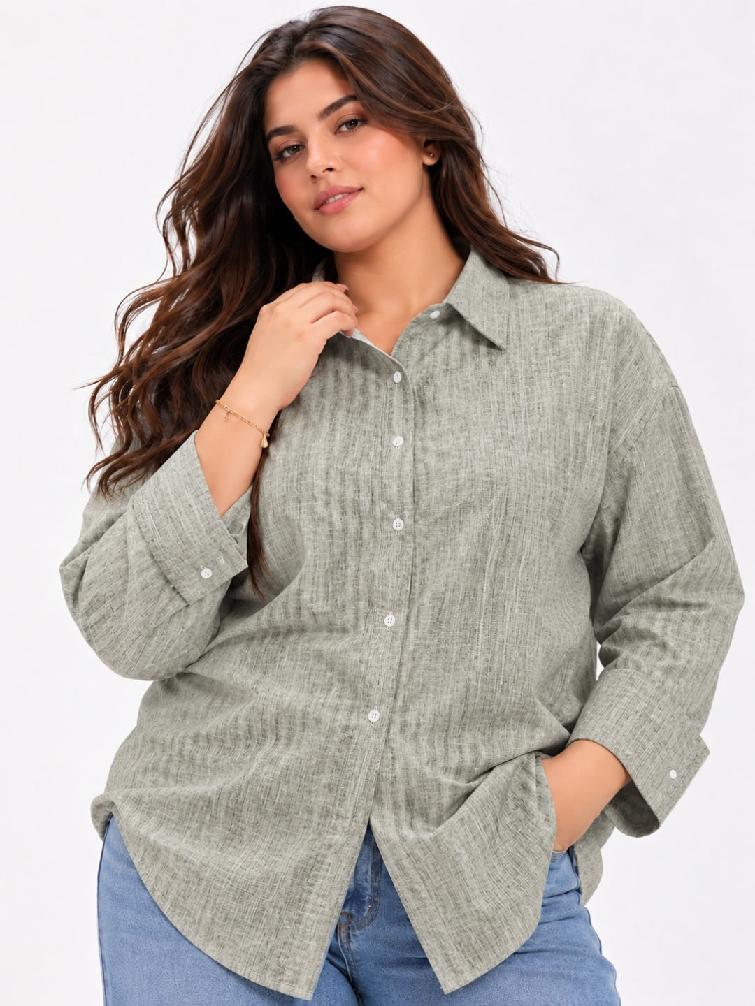Clobug Women Full Sleeve Plus Size Linen Formal Shirt