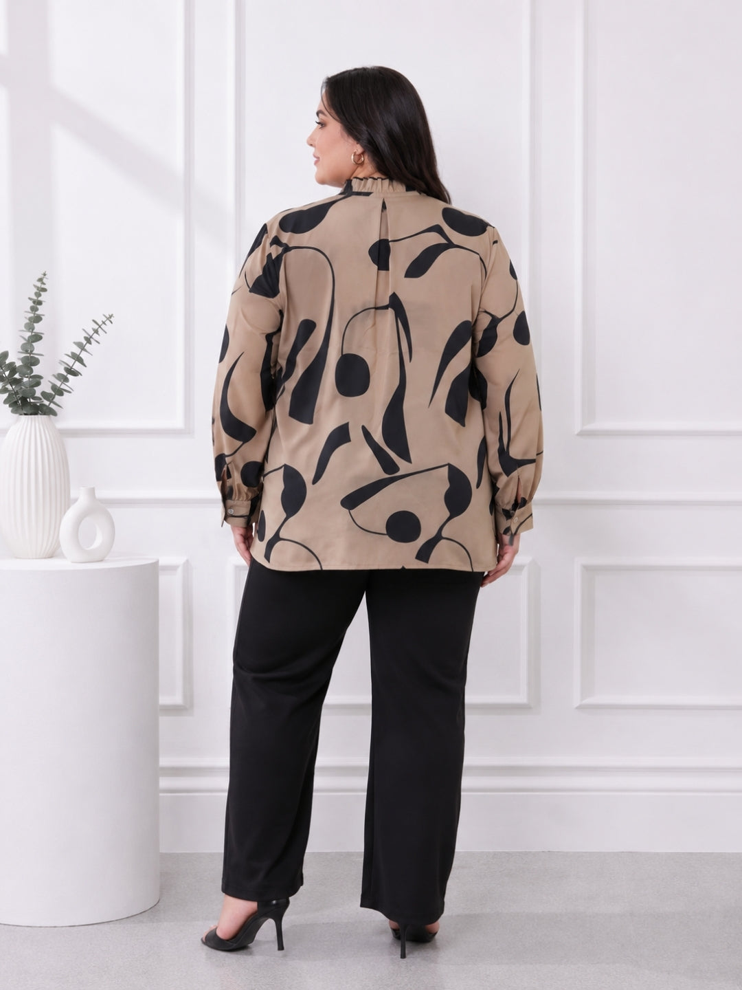 Women's Beige Abstract Print Tie-Neck Shirt