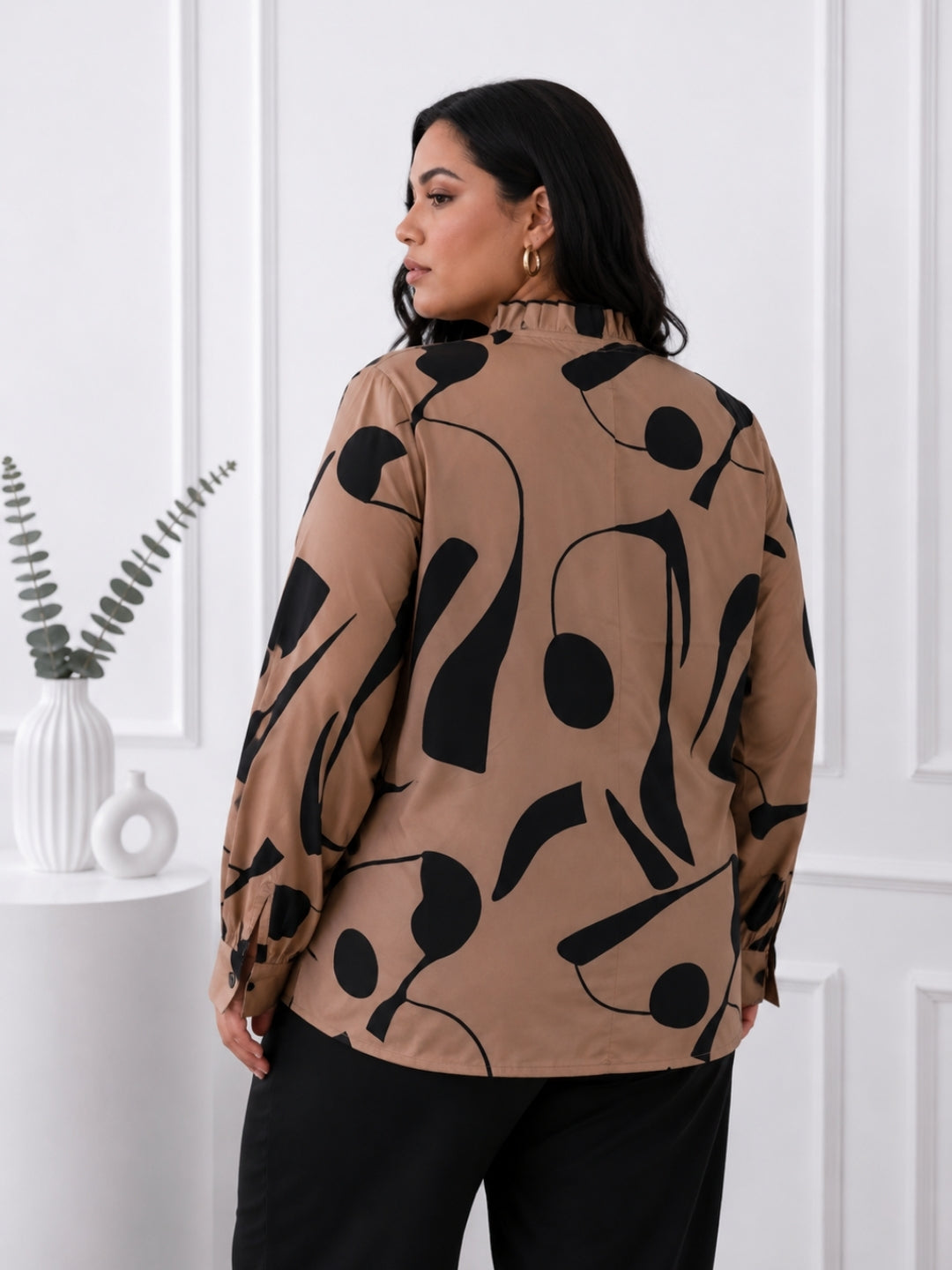 Women's Beige Abstract Print Tie-Neck Shirt