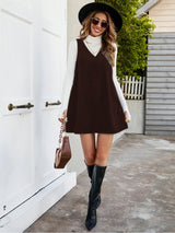 Clobug Women Solid Sleeveless Corduroy Dress