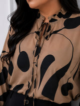 Women's Beige Abstract Print Tie-Neck Shirt