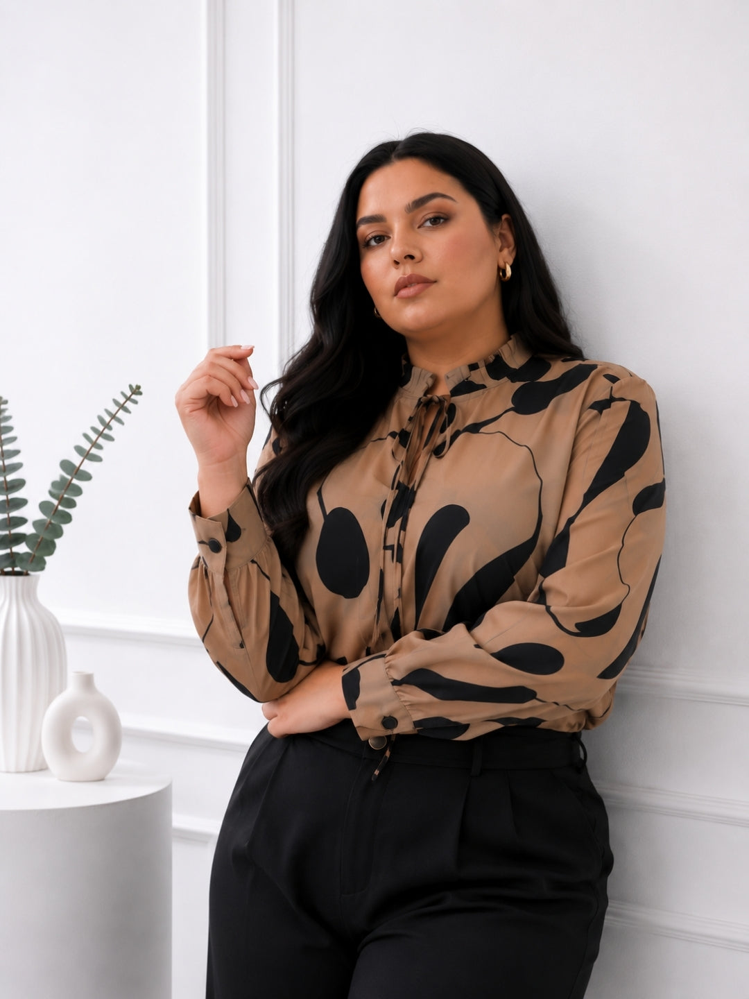 Women's Beige Abstract Print Tie-Neck Shirt