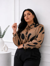Women's Beige Abstract Print Tie-Neck Shirt