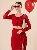 Solid Side Slit Red Co ord Set with Drawstrings