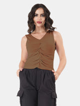 Solid V Neck Sleeveless Pleated Semi Crop Top