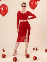 Solid Side Slit Red Co ord Set with Drawstrings