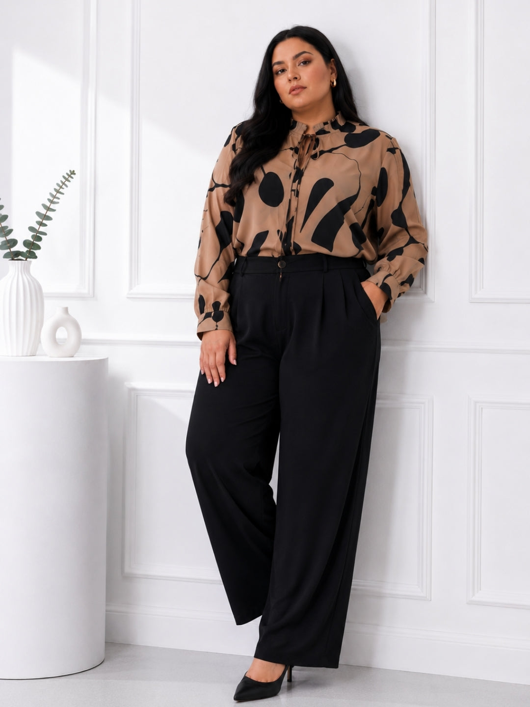 Women's Beige Abstract Print Tie-Neck Shirt
