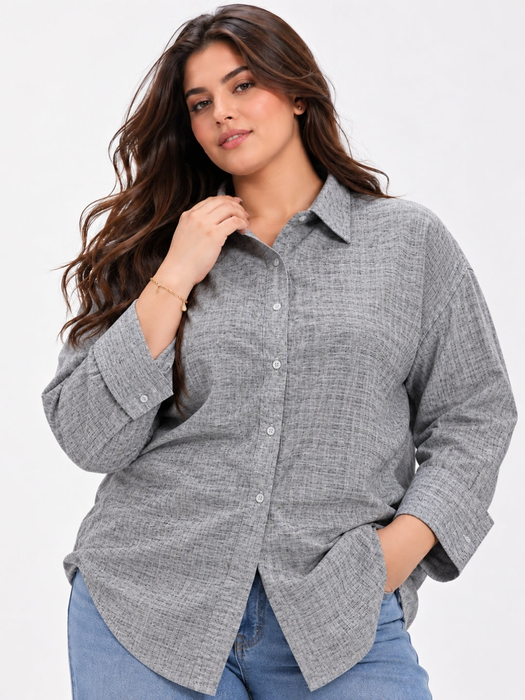 Clobug Women Full Sleeve Plus Size Linen Formal Shirt