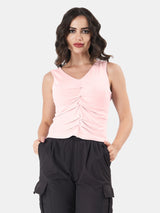 Solid V Neck Sleeveless Pleated Semi Crop Top