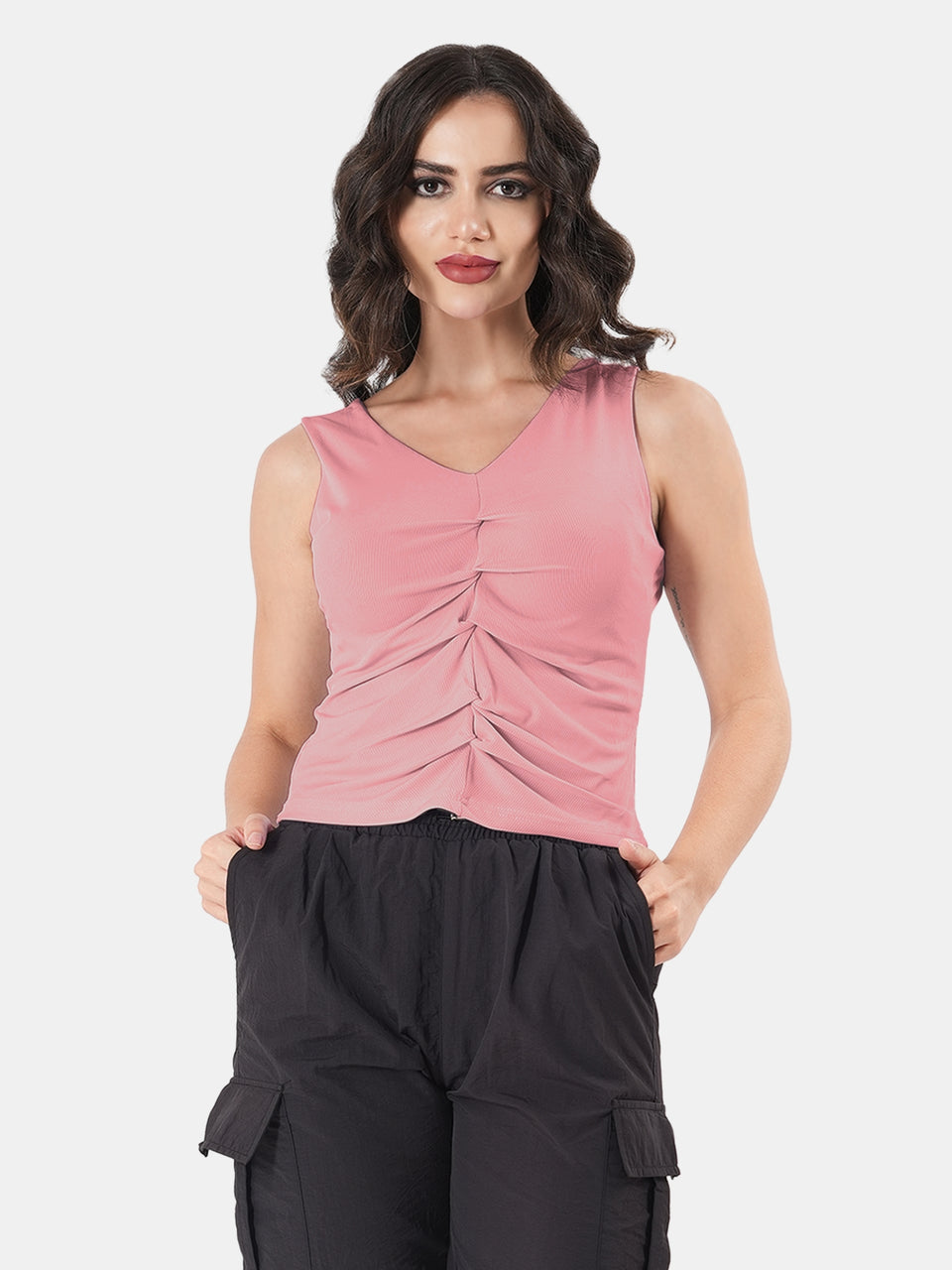 Solid V Neck Sleeveless Pleated Semi Crop Top