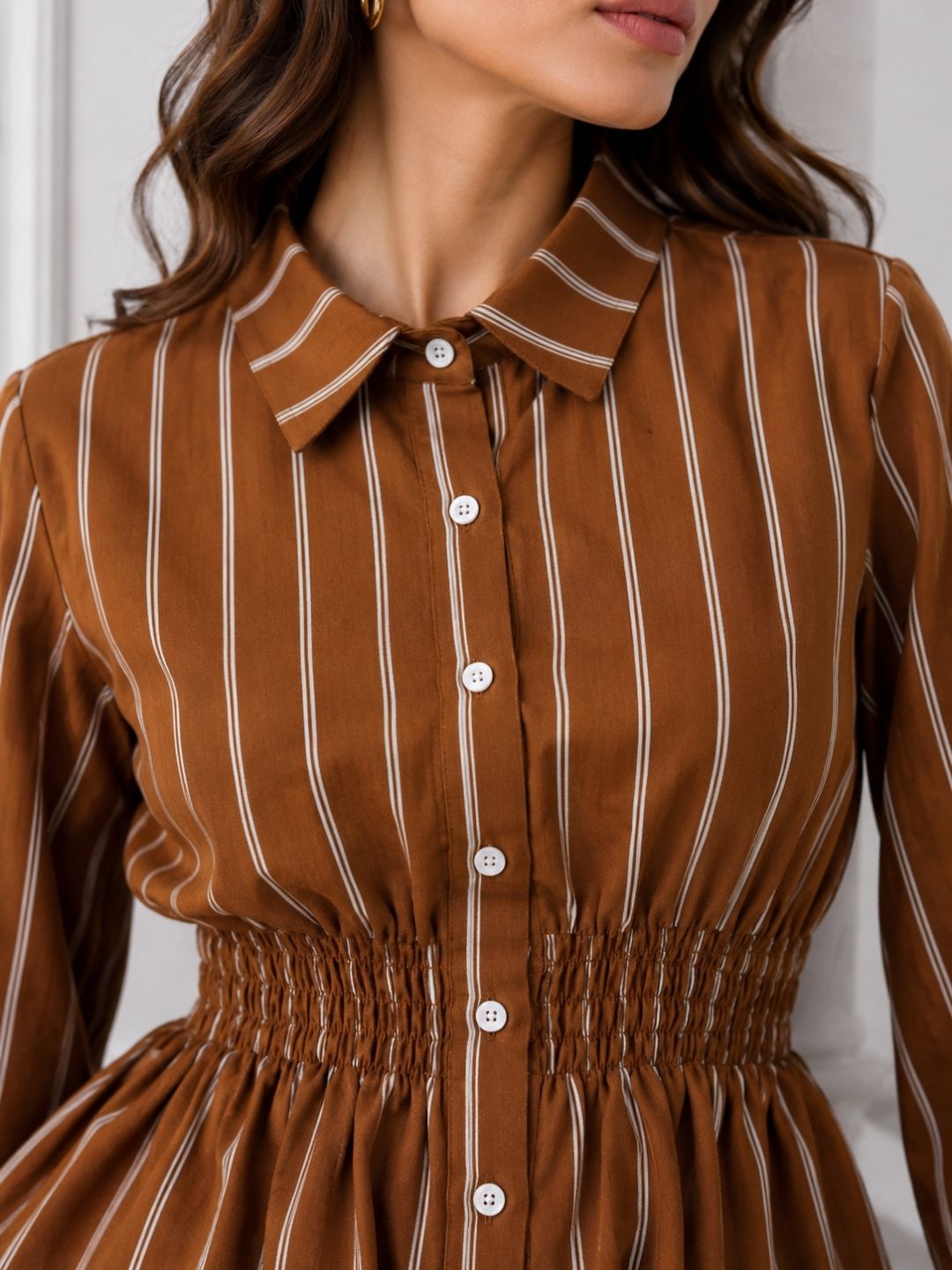 Women's Brown & White Vertical Stripes Casual Shirt