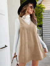 Clobug Women Solid Sleeveless Corduroy Dress