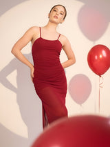 Maroon Spaghetti Strap Sheer Dress