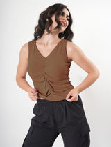 Solid V Neck Sleeveless Pleated Semi Crop Top