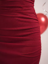 Maroon Spaghetti Strap Sheer Dress