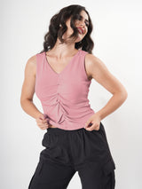 Solid V Neck Sleeveless Pleated Semi Crop Top