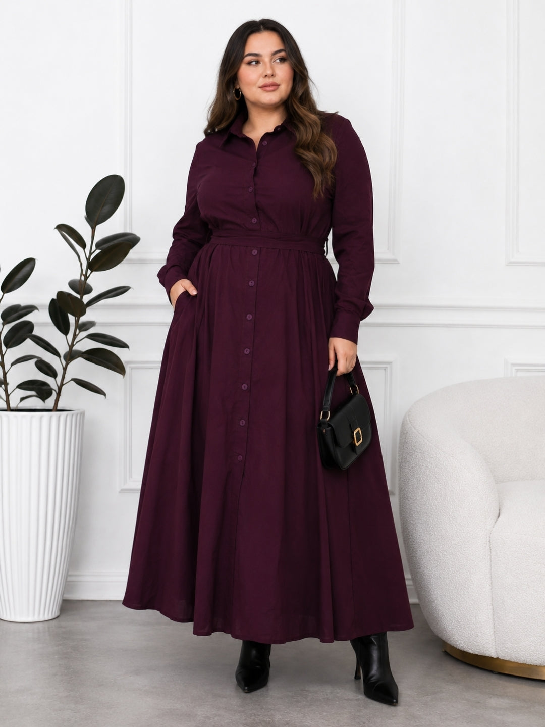 Elegant Wine Purple Button-Down Maxi Dress