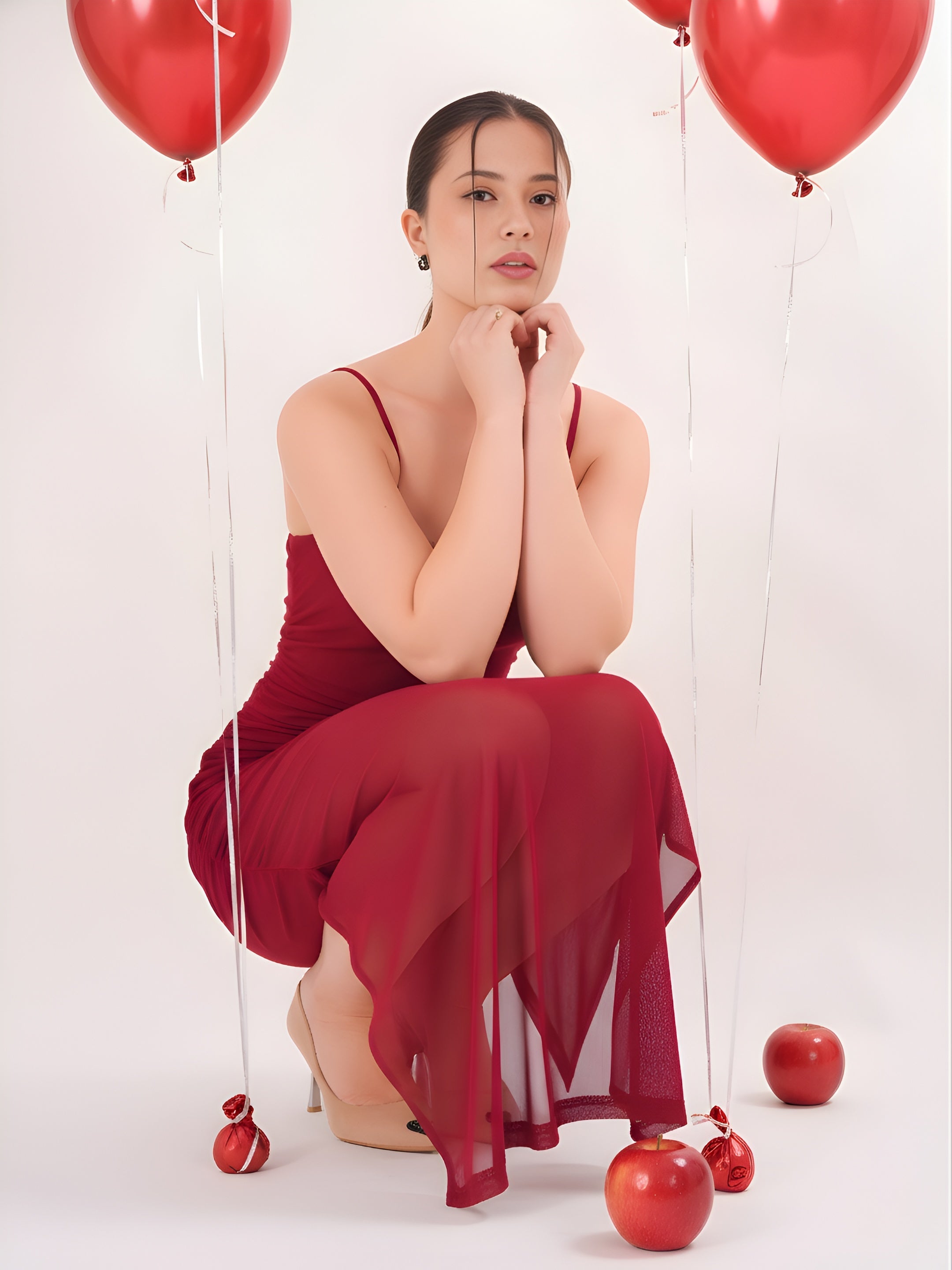 Clobug Maroon Spaghetti Strap Sheer Dress