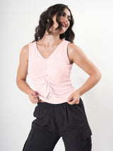 Solid V Neck Sleeveless Pleated Semi Crop Top