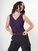 Solid V Neck Sleeveless Pleated Semi Crop Top