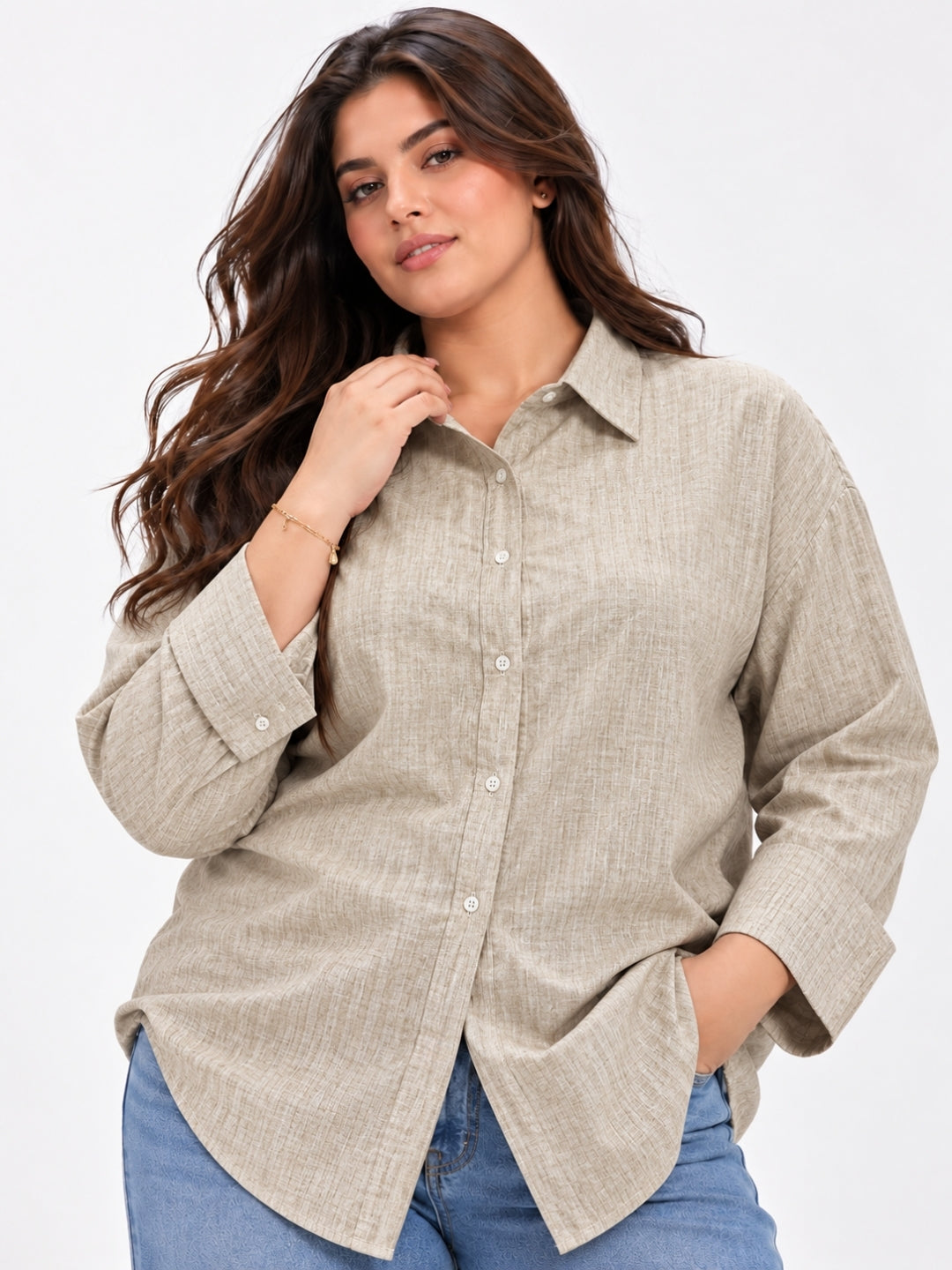 Clobug Women Full Sleeve Plus Size Linen Formal Shirt