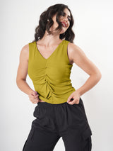 Solid V Neck Sleeveless Pleated Semi Crop Top
