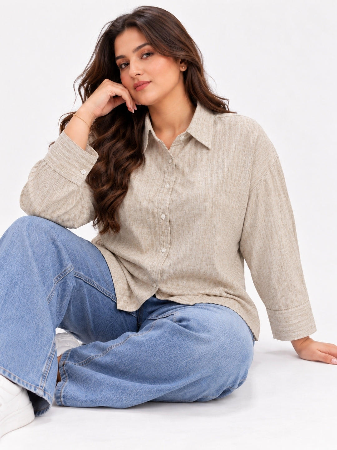 Clobug Women Full Sleeve Plus Size Linen Formal Shirt