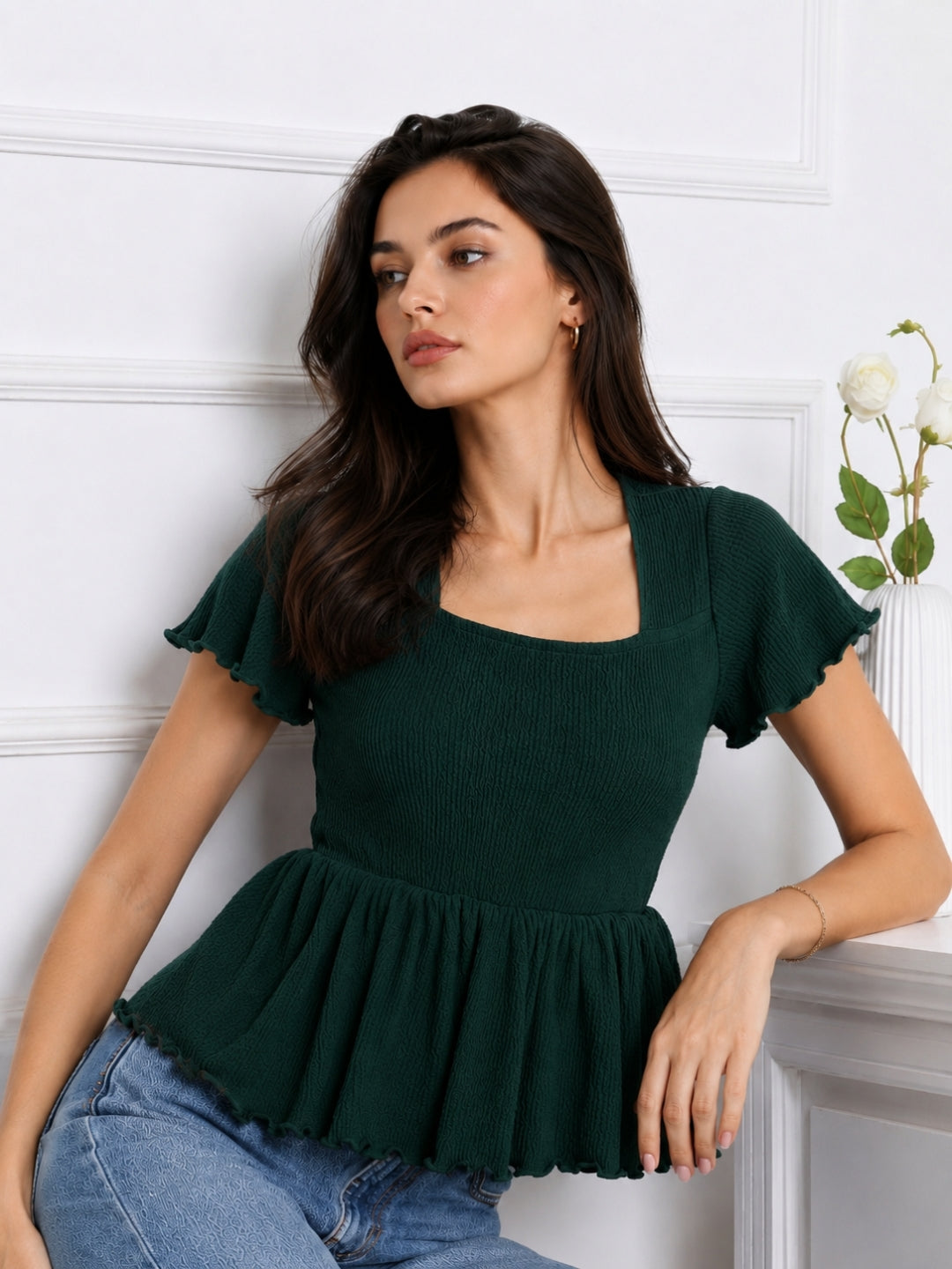 Women Square Neck Short Sleeve Top